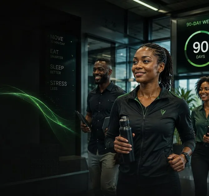 Nigerian professionals walking briskly together, a 90-day wellness tracker on the wall behind them