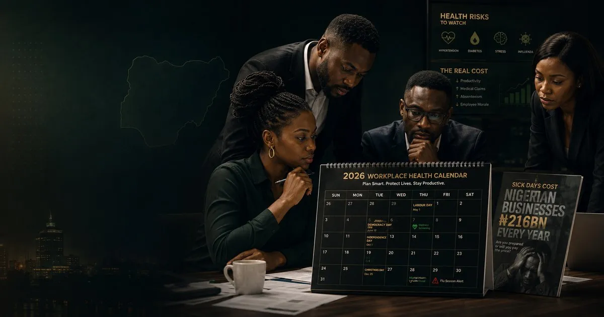 A Nigerian team planning around a 2026 health calendar on the desk